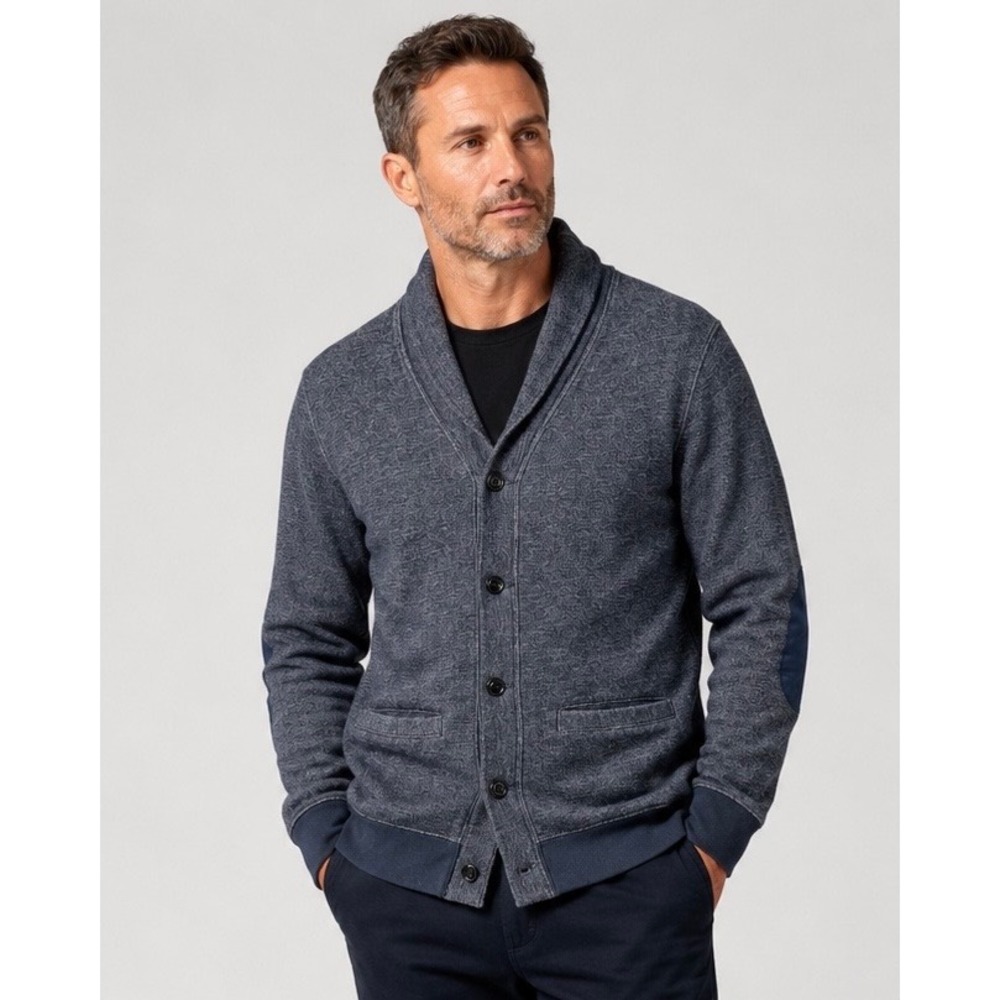 J.Crew Mens Navy Blue Vintage Fleece Shawl Collar Cardigan Elbow Patches M 74658